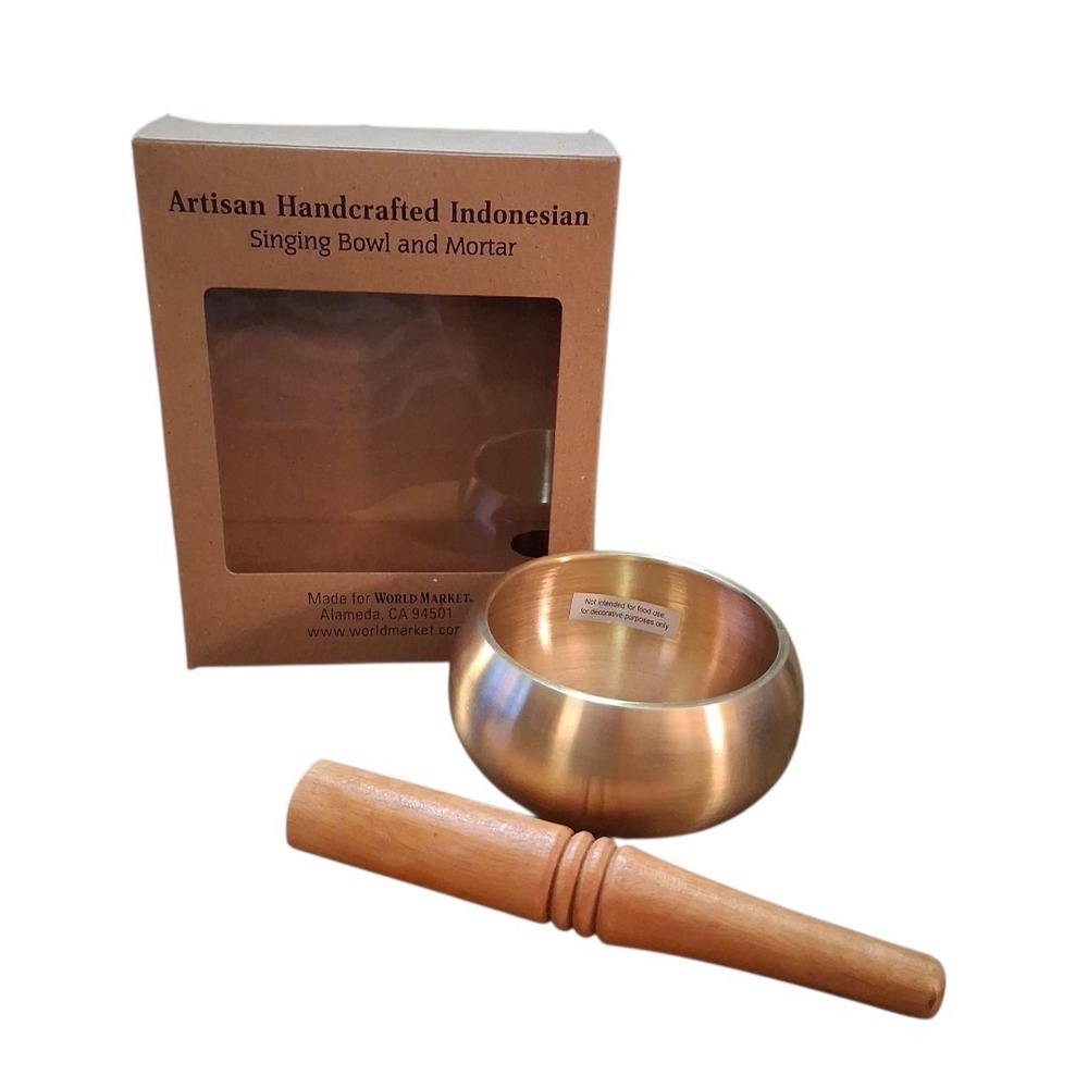 Artisan Handcrafted Singing Bowl Mortar Sound Bath Yoga Brass Bronze Wood NOB